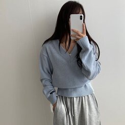 (ウール50%)Vネックウールクロップニット10色 SKY BLUE