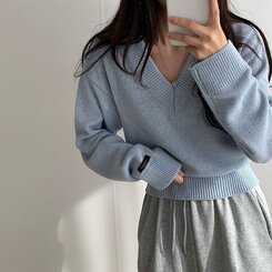 (ウール50%)Vネックウールクロップニット10色 SKY BLUE