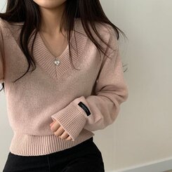 (ウール50%)Vネックウールクロップニット10色 LIGHT PINK