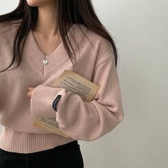 (ウール50%)Vネックウールクロップニット10色 LIGHT PINK