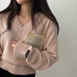 (ウール50%)Vネックウールクロップニット10色 LIGHT PINK