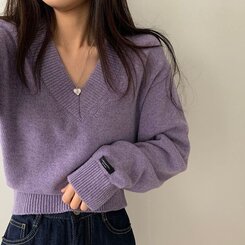 (ウール50%)Vネックウールクロップニット10色 PURPLE