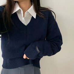 (ウール50%)Vネックウールクロップニット10色 NAVY