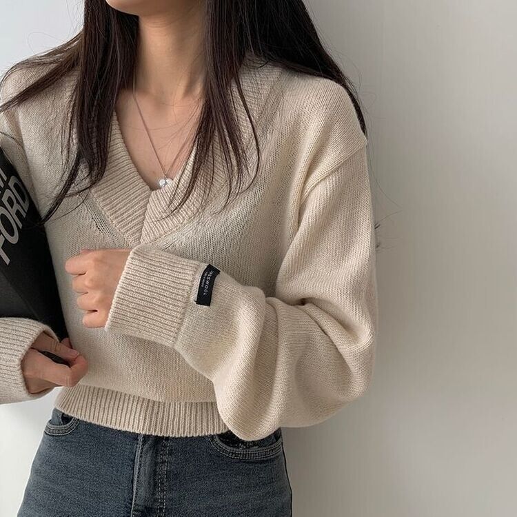 (ウール50%)Vネックウールクロップニット10色 LIGHT BEIGE