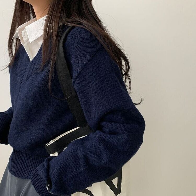 (ウール50%)Vネックウールクロップニット10色 NAVY