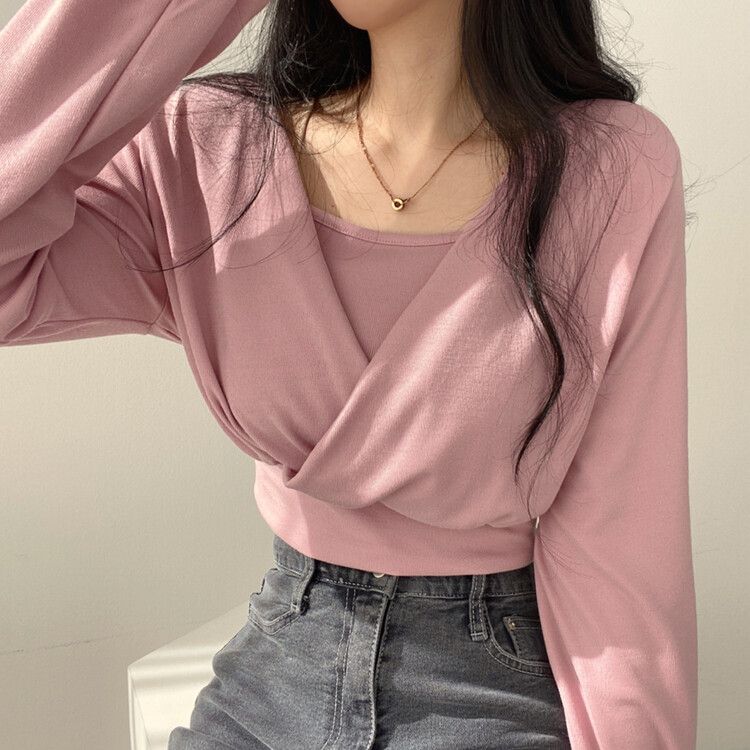 [SET]ラップクロップTシャツ+キャミソール ピンク