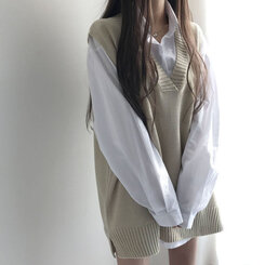 オーバーフィットVネックロングニットベスト6色 ベージュ