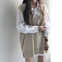 オーバーフィットVネックロングニットベスト6色 ベージュ