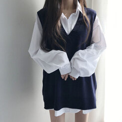 オーバーフィットVネックロングニットベスト6色 ネイビー