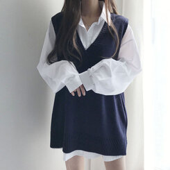 オーバーフィットVネックロングニットベスト6色 ネイビー