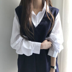 オーバーフィットVネックロングニットベスト6色 ネイビー