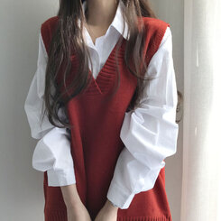 オーバーフィットVネックロングニットベスト6色 オレンジ