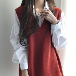 オーバーフィットVネックロングニットベスト6色 オレンジ