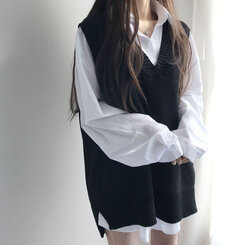 オーバーフィットVネックロングニットベスト6色 ブラック