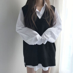 オーバーフィットVネックロングニットベスト6色 ブラック