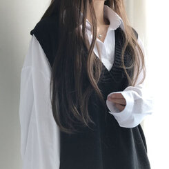 オーバーフィットVネックロングニットベスト6色 ブラック