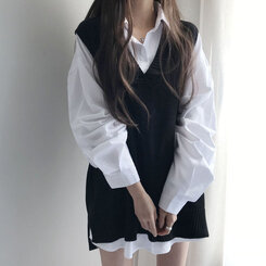 オーバーフィットVネックロングニットベスト6色 ブラック