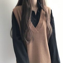 オーバーフィットVネックロングニットベスト6色 ブラウン