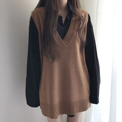 オーバーフィットVネックロングニットベスト6色 ブラウン