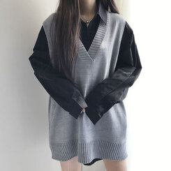 オーバーフィットVネックロングニットベスト6色 グレー