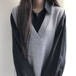 オーバーフィットVネックロングニットベスト6色 グレー