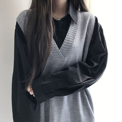 オーバーフィットVネックロングニットベスト6色 グレー