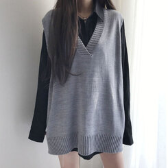 オーバーフィットVネックロングニットベスト6色 グレー