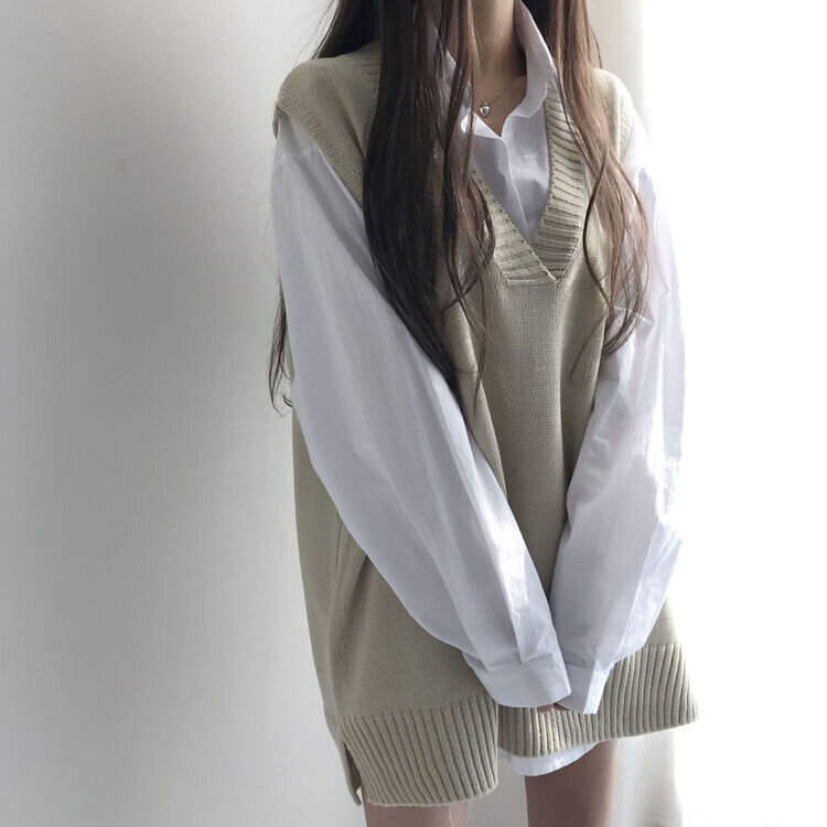 オーバーフィットVネックロングニットベスト6色 ベージュ