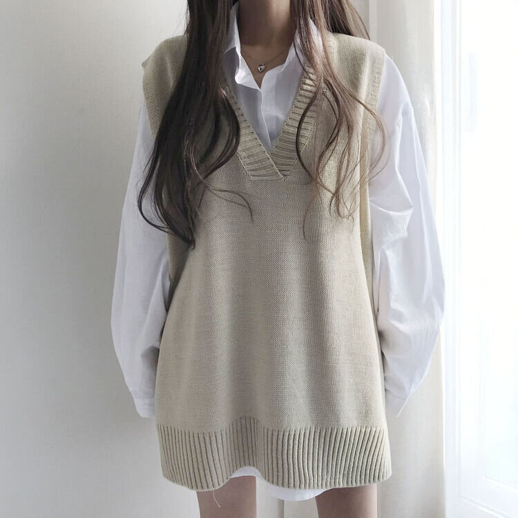 オーバーフィットVネックロングニットベスト6色 ベージュ