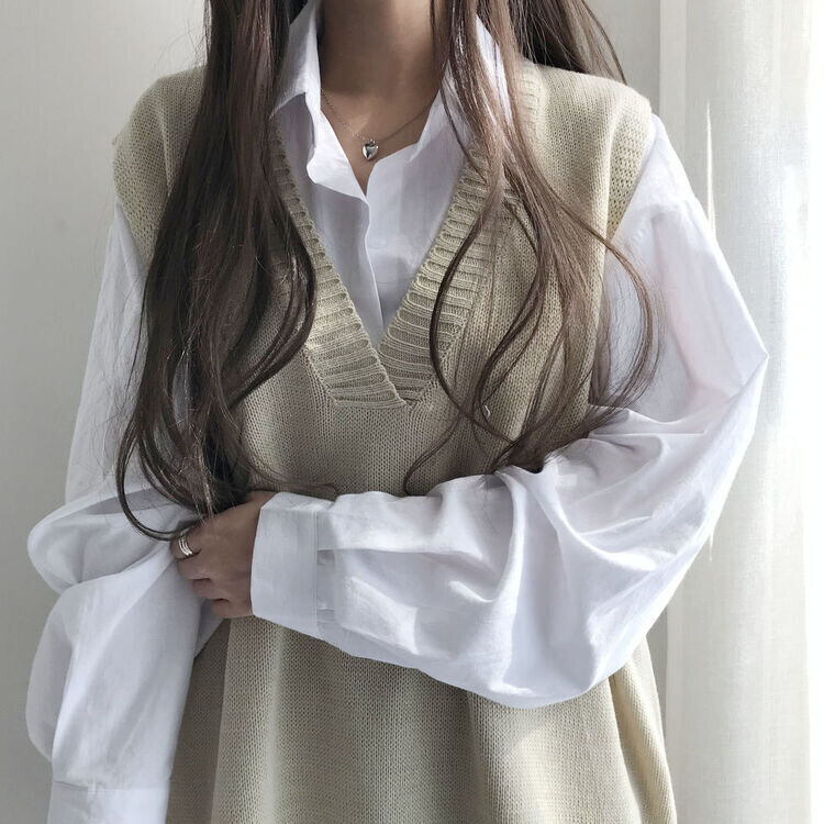 オーバーフィットVネックロングニットベスト6色 ベージュ