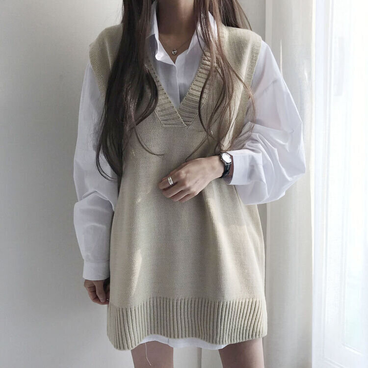 オーバーフィットVネックロングニットベスト6色 ベージュ