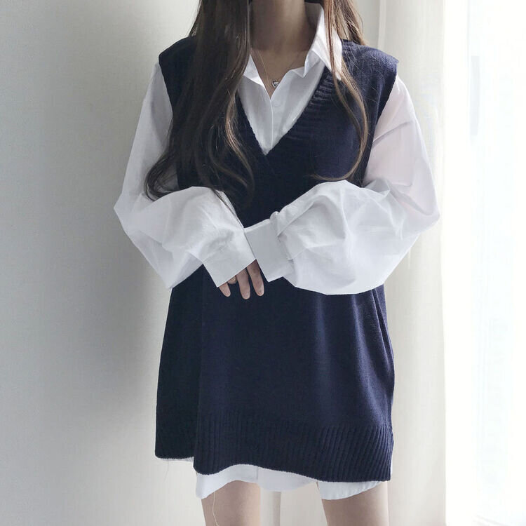 オーバーフィットVネックロングニットベスト6色 ネイビー