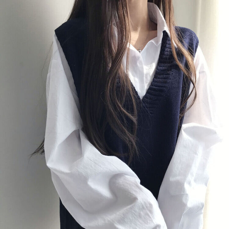 オーバーフィットVネックロングニットベスト6色 ネイビー