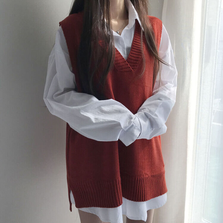 オーバーフィットVネックロングニットベスト6色 オレンジ