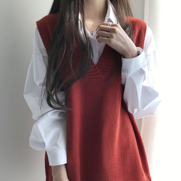 オーバーフィットVネックロングニットベスト6色 オレンジ