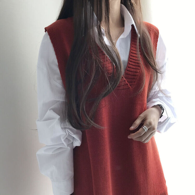 オーバーフィットVネックロングニットベスト6色 オレンジ