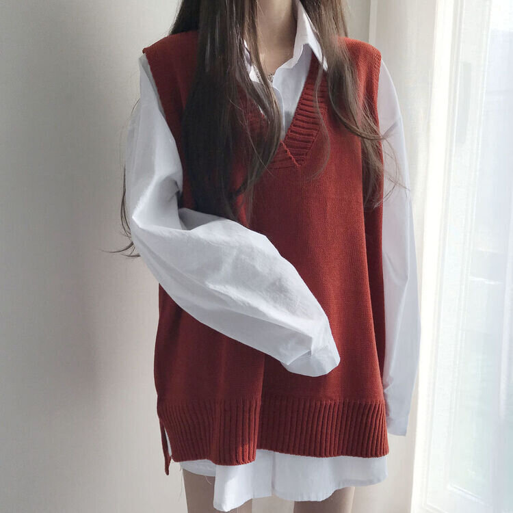 オーバーフィットVネックロングニットベスト6色 オレンジ