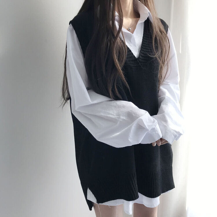 オーバーフィットVネックロングニットベスト6色 ブラック