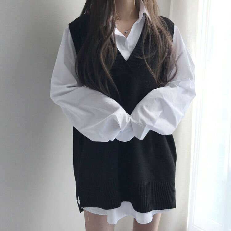 オーバーフィットVネックロングニットベスト6色 ブラック