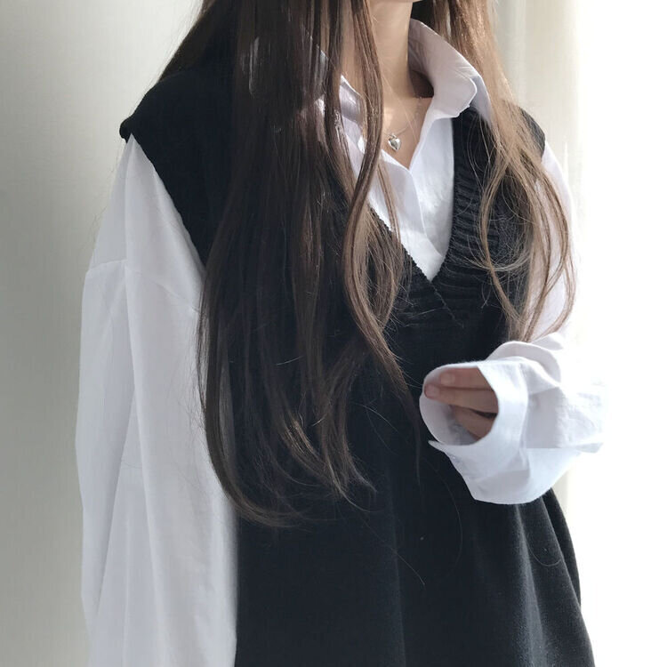 オーバーフィットVネックロングニットベスト6色 ブラック