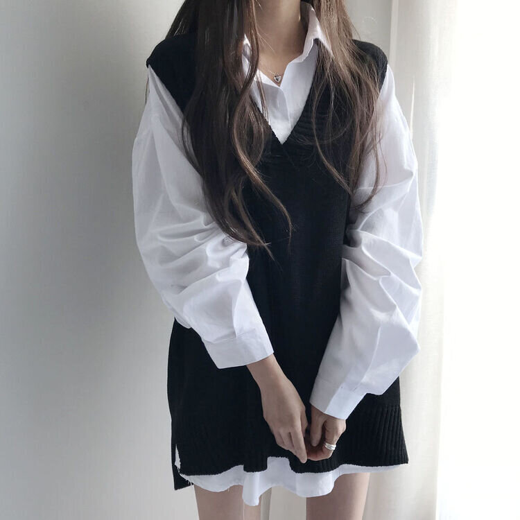 オーバーフィットVネックロングニットベスト6色 ブラック