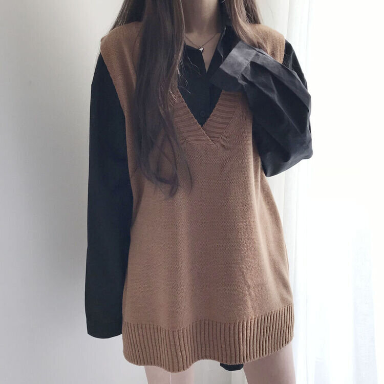 オーバーフィットVネックロングニットベスト6色 ブラウン