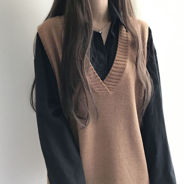 オーバーフィットVネックロングニットベスト6色 ブラウン