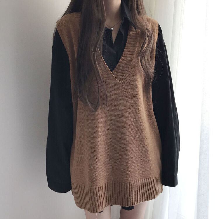 オーバーフィットVネックロングニットベスト6色 ブラウン
