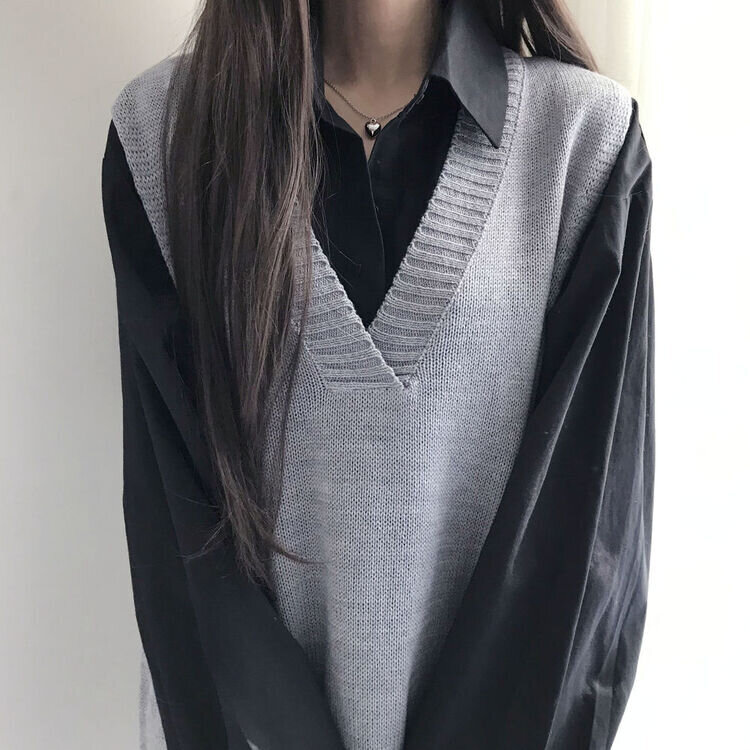 オーバーフィットVネックロングニットベスト6色 グレー