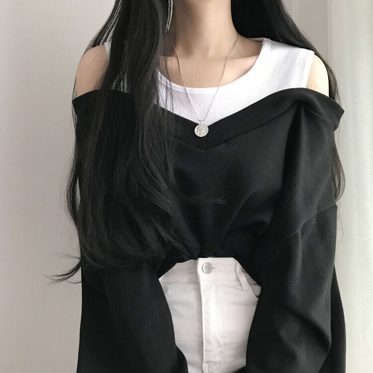 肩スリットレイヤードスウェット ブラック