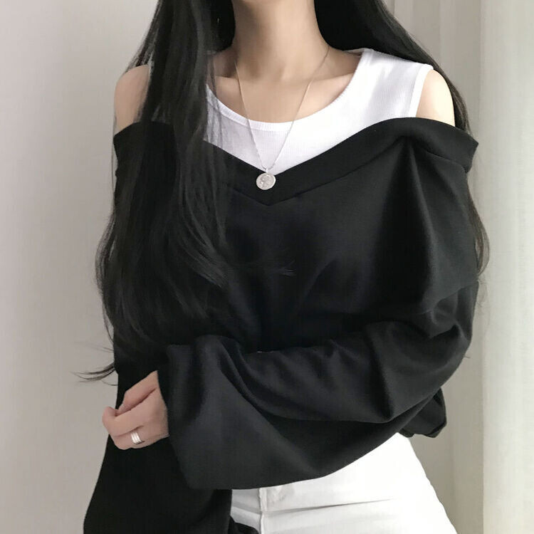 肩スリットレイヤードスウェット ブラック