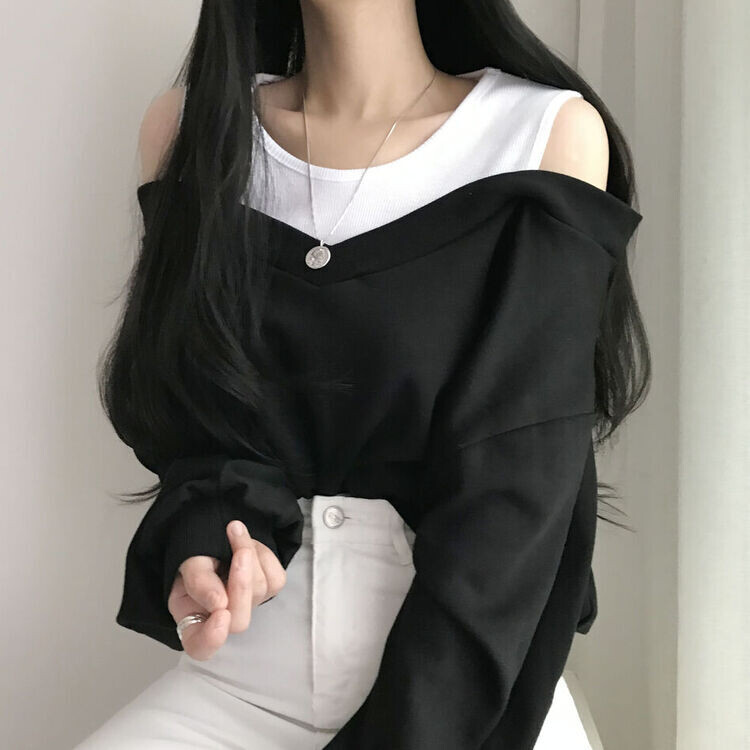 肩スリットレイヤードスウェット ブラック