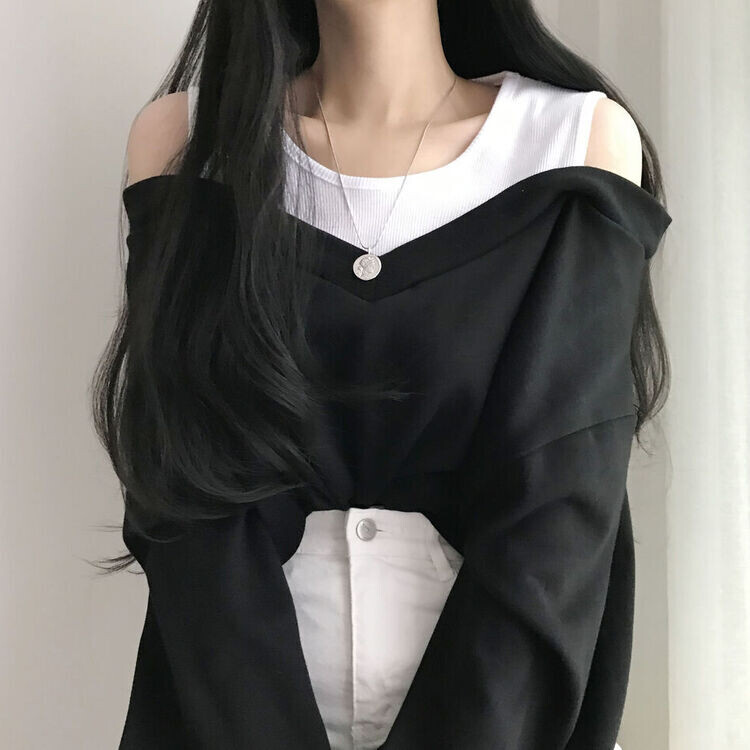 肩スリットレイヤードスウェット ブラック