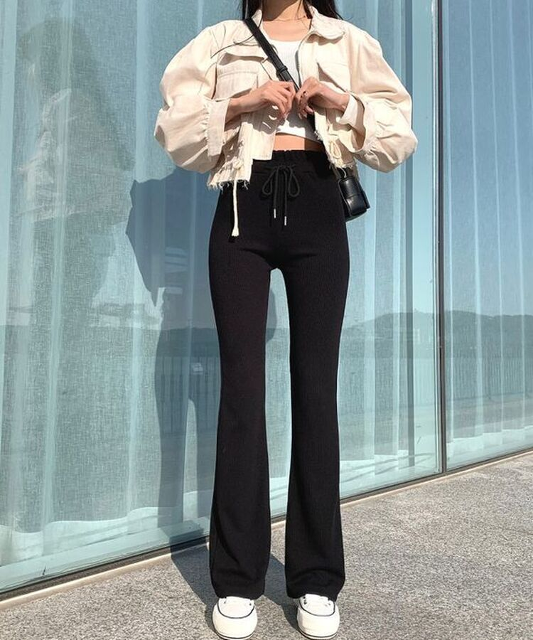 자체제작 라인업 잔골지 슬림핏 부츠컷 밴딩 트레이닝팬츠 블랙